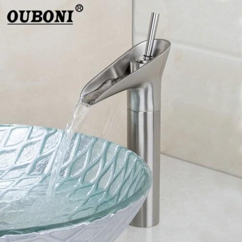 OUBONI Nickel Brushed DecK Mounted Bathroom Basin Sink Mixer Solid Brass Waterfall Basin Faucet Water Mixer Taps