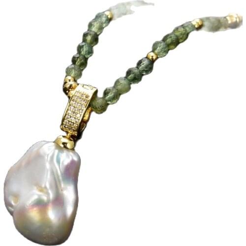 GG Jewelry 19'' 6mm Natural Green Kyanite Necklace Natural Pearl Cultured White Keshi Pearl Pendant