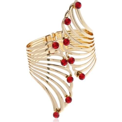 Light Yellow Gold Color Alloy Hollow Feather with Red and Blue Rhinestone Bangle Fashion Jewelry