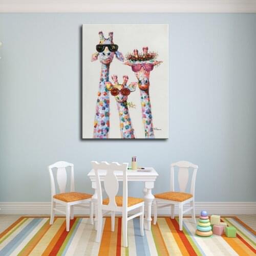 Giraffe Family Canvas Art Three Giraffes Cream Print Artwork Abstract Animal Wall Art Deer Canvas Painting Decoration Home