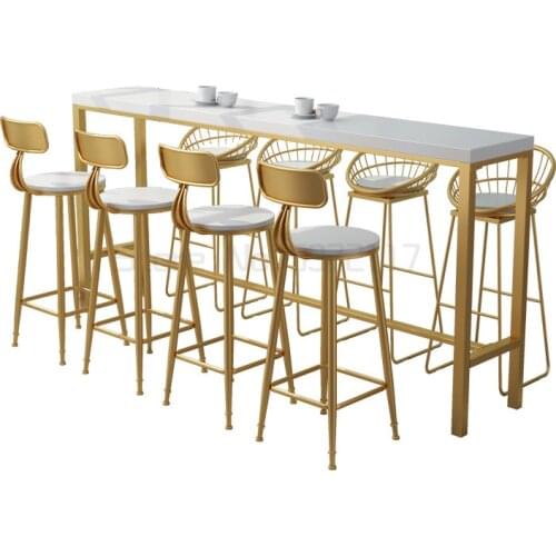 Simple iron bar table and chair family gold strip wall narrow table milk tea shop high foot table and chair combination