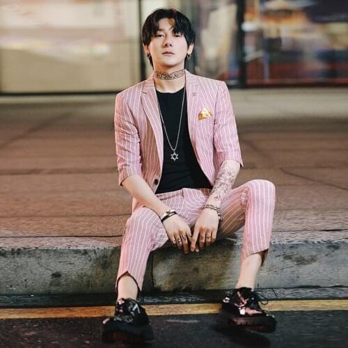 2 Piece Party Dress Abito Uomo Cerimonia Coreano Suit 2020 Slim Fit Prom Tuxedos Mens Pinstripe Suits Roses