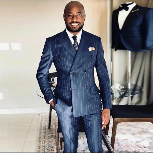 Spring/Autumn Wedding Tuxedos Pinstripe Double Breasted Jacket With Pants Formal Business Dinner Prom Party Men Stuis Groom Wear