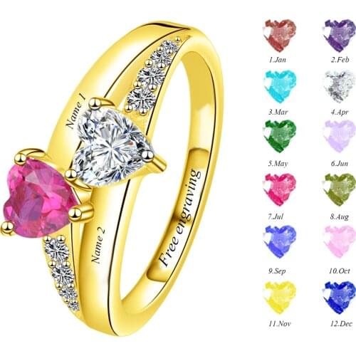 Strollgirl 925 Sterling Silver Personalized Jewelry Custom Heart Birthstone Engraved 2 Name Finger Rings for Women Mothers Gift