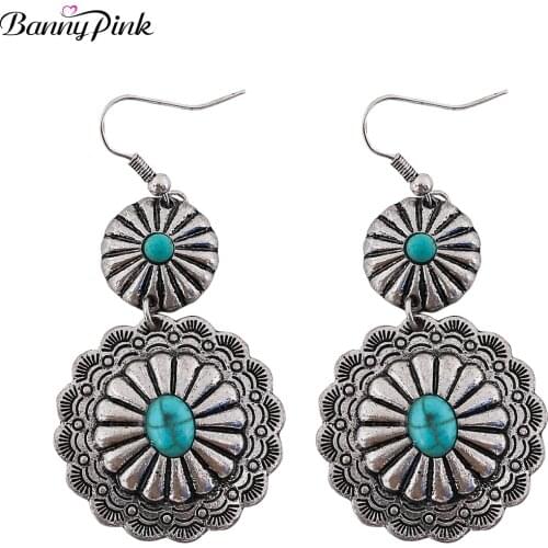 Banny Pink Vintage Turquoises Earrings For Women Tibetan Carved Pattern Dangle Earrings Gypsy Statement Drop Earrings Brincos