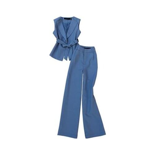 Fashion blue pants suit women fall New high quality Casual Sleeveless vest female + High waist Wide leg pants Sets women