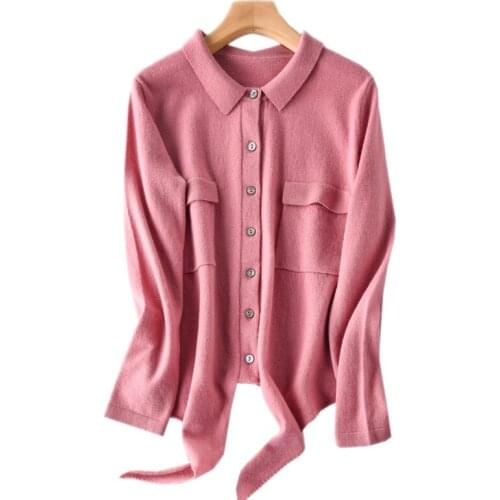 Autumn New Womens Cashmere Cardigan Turn-down Collar Loose Coat Female Casual Long Sleeve Knitted Cardigans Ladies Wool Shirt