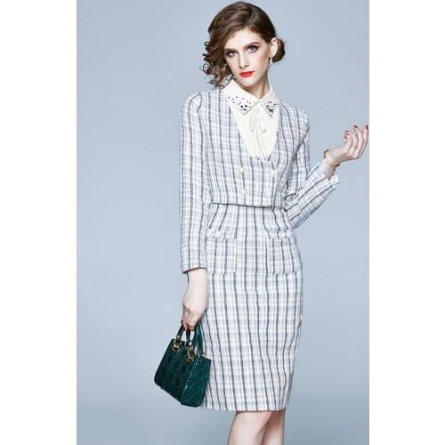 Autumn Winter Womens Suit French Commuter Plaid Short Jacket + Lapel Beaded Bowknot Dress New Waist Female Sets X707