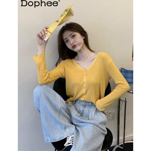 Women Solid Colour Thin Cardigan New Fashion Spring and Autumn Long-Sleeve Knitted Top Sun Protection Sweater Ice Silk Kniwear
