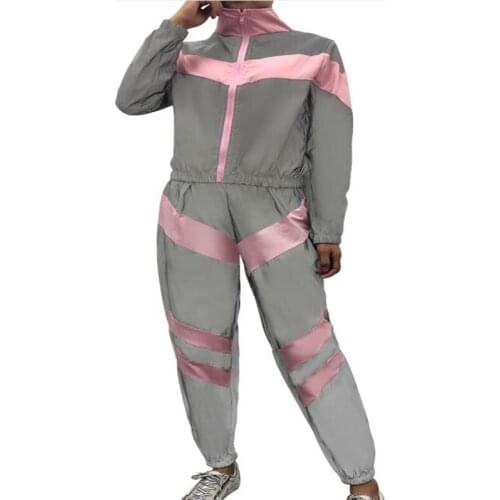 2021 Fall New Fashion 2 Piece Set Women Stitching Reflective Sports Suit Casual Jacket +trousers