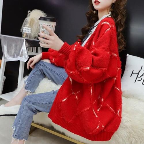 Autumn New Women Warm Red Knit Cardigans Sweater V Neck Lantern Sleeve Geometric Knitted Jacket Plus size Cardigans Poncho Femme