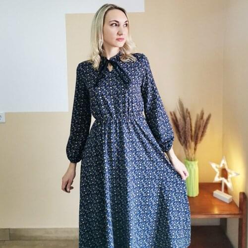 Women Floral Printed Midi Dress Elastic Waist A-Line Lantern Sleeve Lace Up Long Dress Vintage Casual Daily Fashion Print Dress