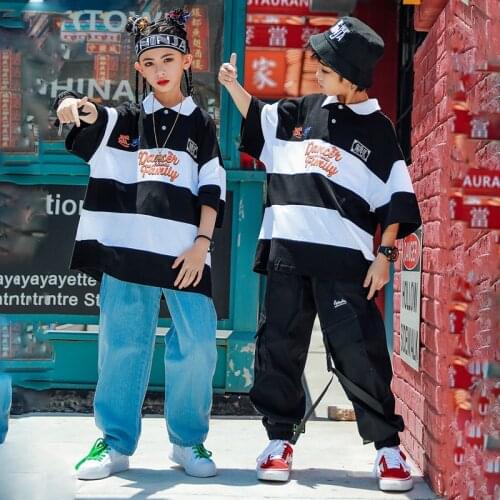 2020 Jazz Dance Costumes Hip Hop Kids Short Sleeve Stripe Top Pants Girls Hiphop Clothes Street Dance Stage Show Wear DQS4474