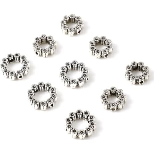 10mm 12mm Vintage Spacer Beads Flower Antique Silver Color Metal Loose Beads DIY Making Necklace Jewelry Findings,50PCs