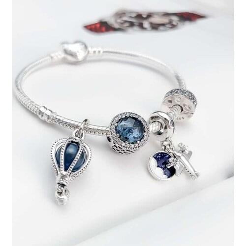 925 Sterling Silver Hot Air Balloon Aircraft Pendant With Heart-shaped Buckle Bracelet Fit Original Pan Charm Diy Jewelry