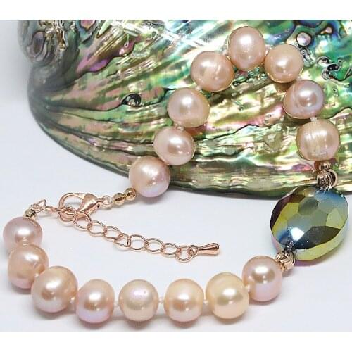 Hot lovely natural freshwater orange 9-10mm round pearl bracelet beads crystal birthday newly jewelry B1409