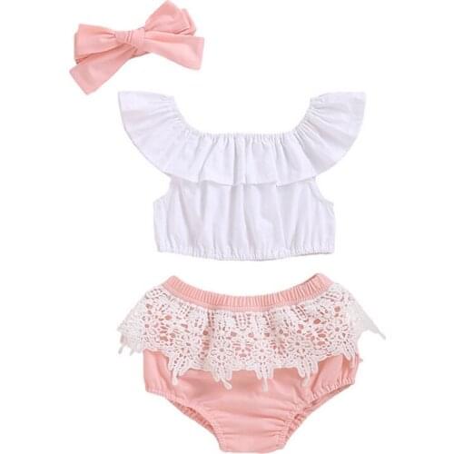 Sweet Baby Girl 3 pcs set Newborn kids Summer Ruffle sleeve white crop top pink lace floral Shorts Headband Outfits set