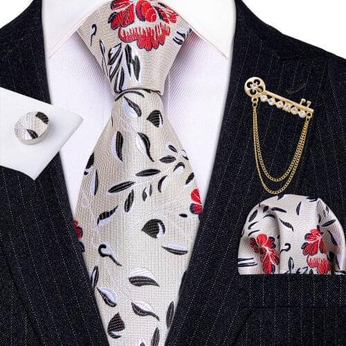 Fashion Designer White Floral Men Tie Gold Brooch Silk Tie Handkerchief Set Gift For Men Wedding Business Barry.Wang Necktie