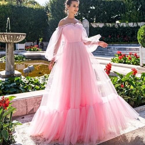 Latest On Sale Pink Prom Party Dresses 2021 Sweetheart with Off Shoulder Long Sleeves Wedding Guest Gowns Lace Up Back Pleating