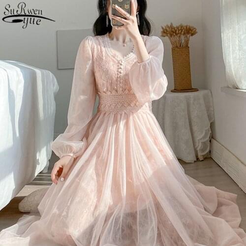 Puff Sleeve Party Dress Sweet Lace Mesh Dress Women Button Elegant V-neck A-line High Wasit Dresses Mid-calf Vestidos 12915