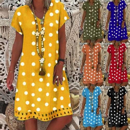 35# Women Casual Loose Dresses Polka Dot Print Colorblock Short Sleeves V-neck Dress Summer Patchwork Dresses платье женское