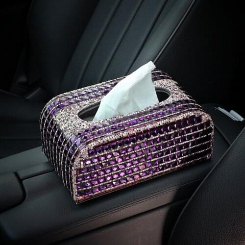 Luxury Crystal Car Holder Tissue Paper Box Case Block Type Diamond Car styling for Women Auto Interior Accessories - Purple