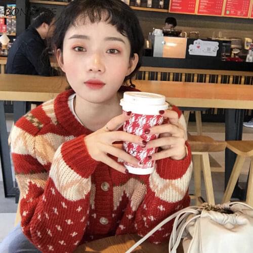 Christmas Sweater Women Chic Korean Fashion Lovely Retro Single Breasted Lady Knitted Outerwear All-match Vintage Femme Cardigan