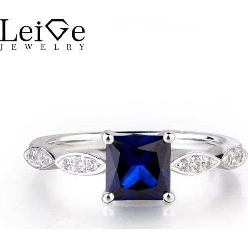 Leige Jewelry Blue Color Lab Sapphire Gemstone Square Cut Prong Setting Anniversary Rings With Fine Genuine Stone Romantic Gifts