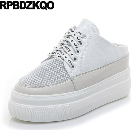 8cm 2019 ladies round toe platform shoes size 4 34 white customized genuine leather mesh high heels pumps quality lace up 33