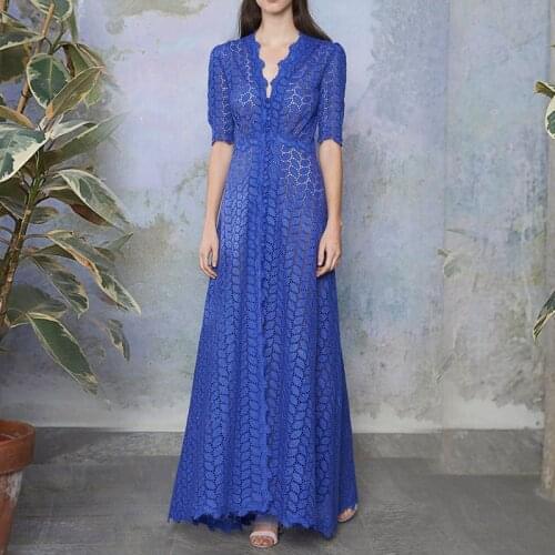 French summer dress water-soluble flower lace dress single-breasted V-neck elegant long dress woman