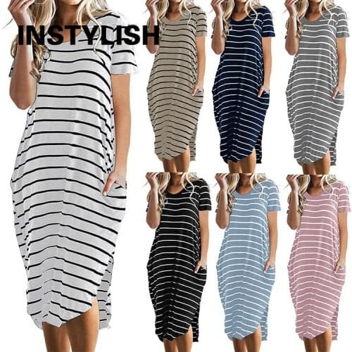 Instylish Women Casual Short Sleeve O Neck Pockets Striped Loose Dress Elegant Vintage Split Knee-length Dress Pullovers Daily