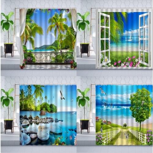 3D Window Ocean landscape Shower Curtain Set Palm Tree Flower Plant Natural Scenery Wall Cloth Bathroom Curtain Polyester Fabric