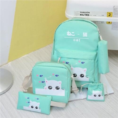 5pcs/set Canvas Women Backpacks Schoolbag Printing Cute Cats School Bag Backpack For Teenager Girls Rucksack Moclila Party