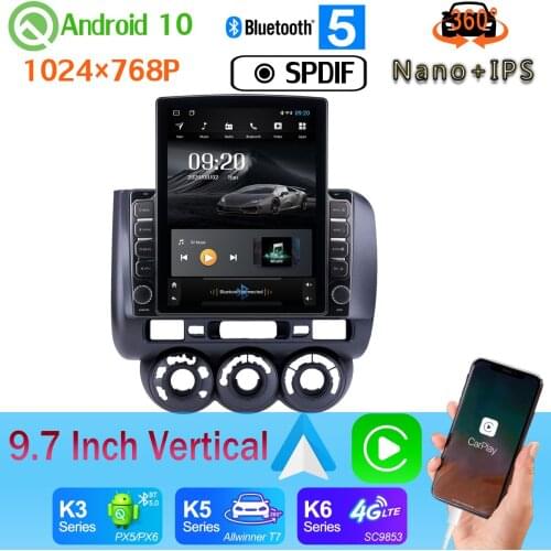 9.7" Tesla Style PX6 4+64G GPS Android 10 Radio SPDIF For Honda Fit Jazz 2004-2007 LHD RHD 360 Camera Car Media 4G WiFi Nano+IPS