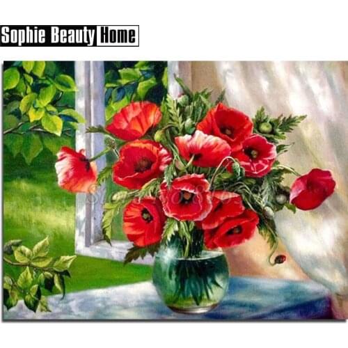 Needlework 5D Diy Diamond Painting Cross Stitch Red Flower On Window Diamond Embroidery Full Drill Diamond Mosaic Picture 18A074