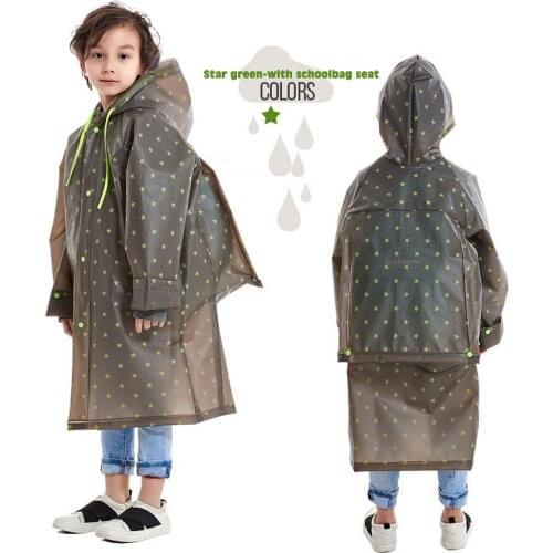 Childrens Raincoat with Schoolbag Bit Star Prints EVA Thickened Waterproof Hooded Raincoat for Outdoor Fishing Camping Grey