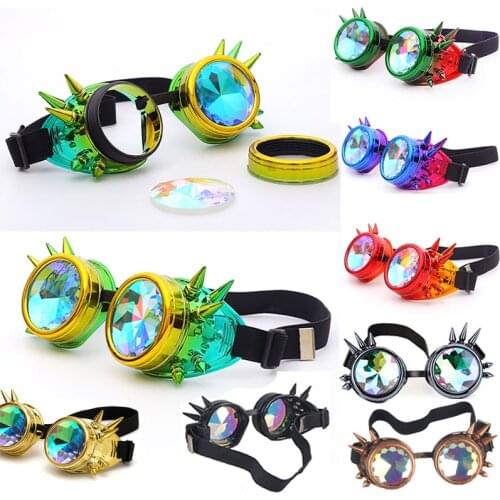 Kaleidoscope Rainbow Crystal Lenses Men Women Rivet Steampunk Goggles Cosplay Vintage Glasses Welding Gothic Cool Eyewear