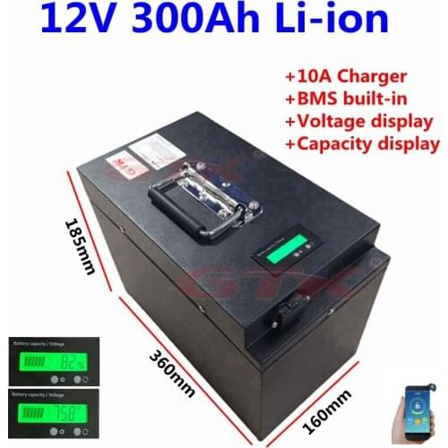 Steel case 12V 300Ah Lithium li ion battery pack with BMS LCD display for electric boat solar system energy storage+20A charger