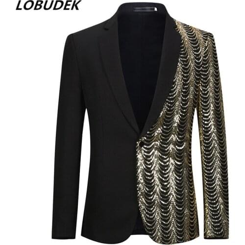 Men Single Breasted Splicing Gold Sequins Suit Jackets For Singer Host Wedding Party Tuxedo Blazers Bar Stage Performance Coat