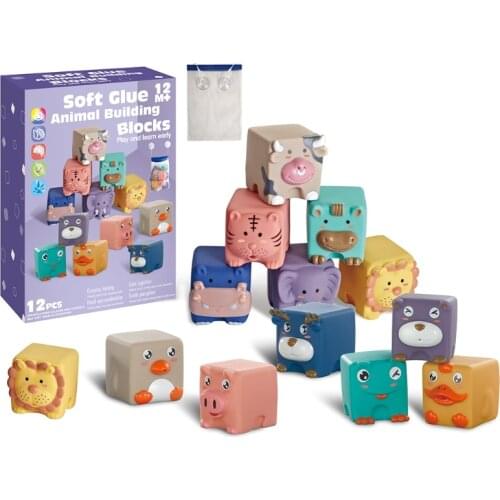 Soft PVC Baby Blocks Animal Shape Baby Teether Toys Toddler Kids Stacked Blocks Educational Squeeze Toys For Children Shower Toy