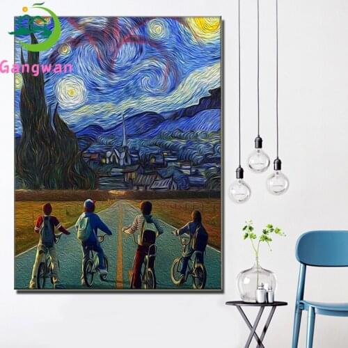 Blue Starry Sky A Group of Boys Ride Bicycles Diamond Painting DIY full Square Diamond Embroidery Cross Stitch kids room decor