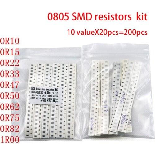 200PCS 1% 0805 SMD resistors assorted kit set ,10 valueX20pcs=200pcs 1R00 R820 R750 R620 R500 R470 R330 R220 R150 R100