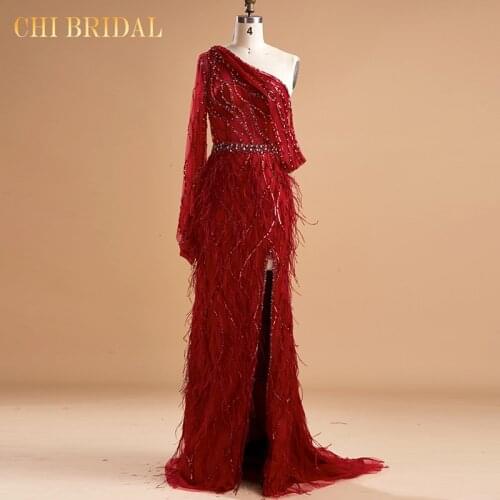 2021 New Sexy Red Wine Luxury One Shouder Split Evening Dresse Gowns Women Elegant Dress Handmade Ladies Long Dress