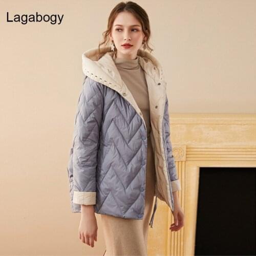 Lagabogy 2021 New Womens Short White Duck Down Coat Female Hooded Loose Casual Warm Parkas Oversized Winter Puffer Jacket