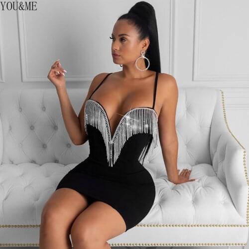 NEW Black Strapy Sleeveless Mini Tassels Bandage Dress