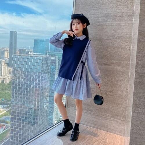 Teen Girls Clothing Set Cotton Vertical Stripe Shirt Dresses + Irregular Vest Fashion 2Pcs Streetwear High Quality Outfits 5-14Y