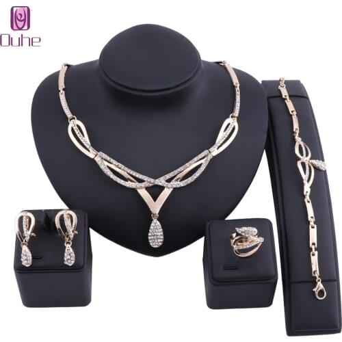 Wholesale Design Bridal Gift Nigerian Woman Wedding African Beads Jewelry Set Dubai Gold Color Crystal Water Drop Jewelry Set