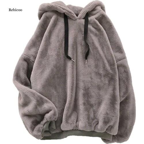 Autumn Winter Women Hooded Coats Soild Harajuku Loose Casual Warm Hoodies Ladies Fleece Flannel Pullover Female Sweatshirt
