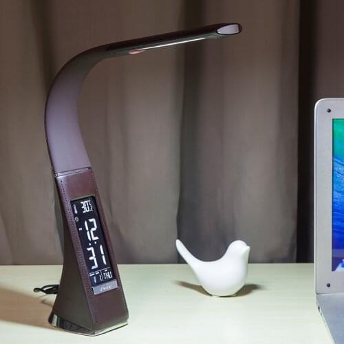LED Office Desk Lamp Touch Leather-Like Dimming Reading Table Lamp Light With Alarm Clock Calendar LCD Display