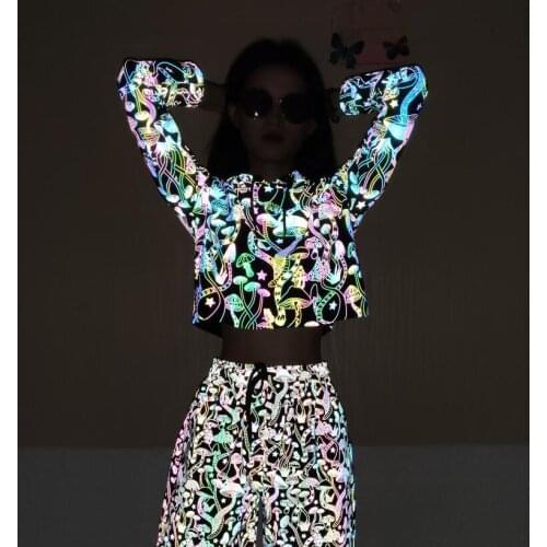 Long sleeve crop top women autumn hoodie thin reflect light pullover hoody hip hop street fashion sweatshirt reflective night